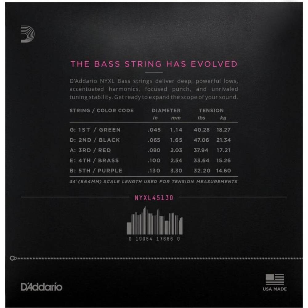 Струни для бас-гітари D'Addario NYXL45130 Nickel Wound Regular Light 5 Strings 45/130