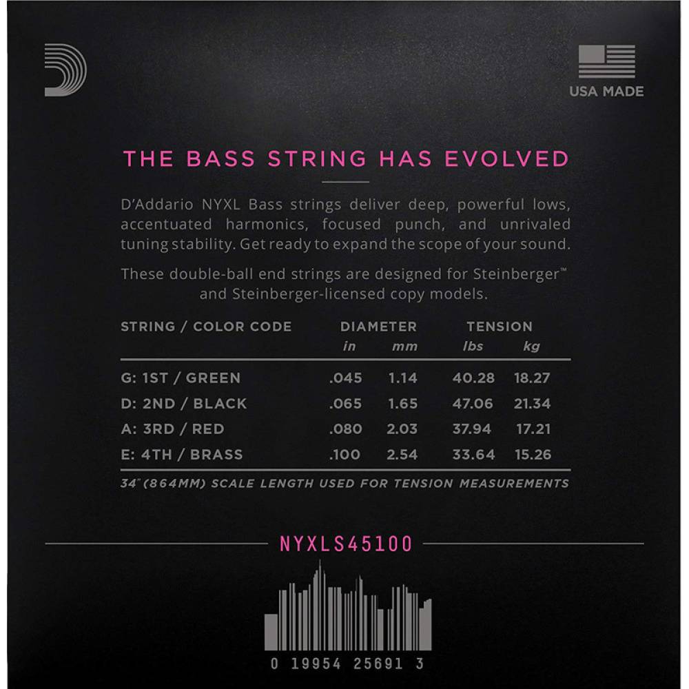 Струни для бас-гітари D'Addario NYXLS45100 Double Ball End Steinberger Regular Light Long Scale 45/100