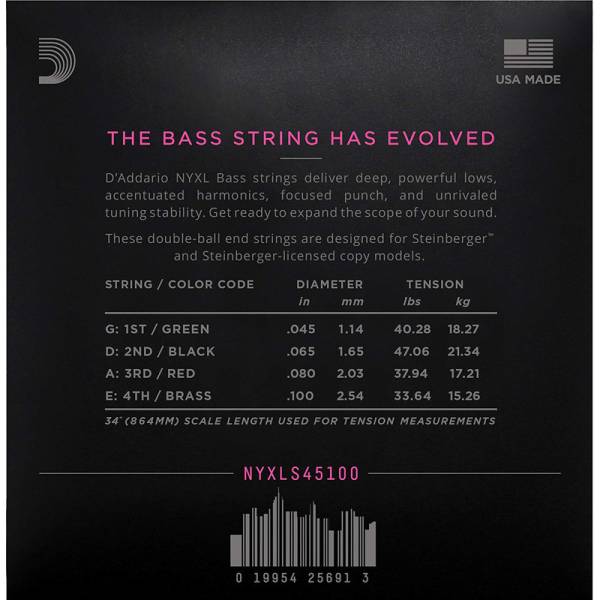 Струни для бас-гітари D'Addario NYXLS45100 Double Ball End Steinberger Regular Light Long Scale 45/100