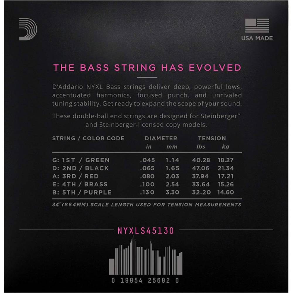 Струни для бас-гітари D'Addario NYXLS45130 Double Ball End Steinberger Regular Light Long Scale 5 Strings 45/130