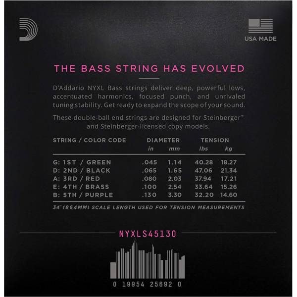 Струни для бас-гітари D'Addario NYXLS45130 Double Ball End Steinberger Regular Light Long Scale 5 Strings 45/130