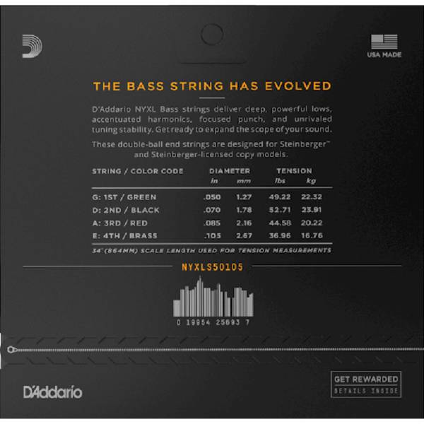 Струни для бас-гітари D'Addario NYXLS50105 Double Ball End Steinberger Medium Long Scale 50/105