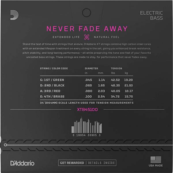 Струни для бас-гітари D'Addario XTB45100 XT Bass Regular Light 45/100