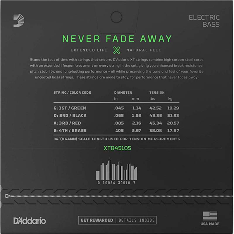 Струны для бас-гитары D'Addario XTB45105 XT Bass Light Top/Medium Bottom 45/105