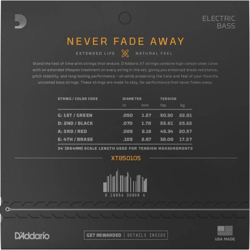 Струни для бас-гітари D'Addario XTB50105 XT Bass Medium 50/105