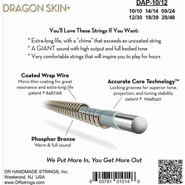 Струны для акустической гитары  DR DAP-10/12 Dragon Skin+ Acoustic Phosphor Bronze 12 Strings Light 10/48