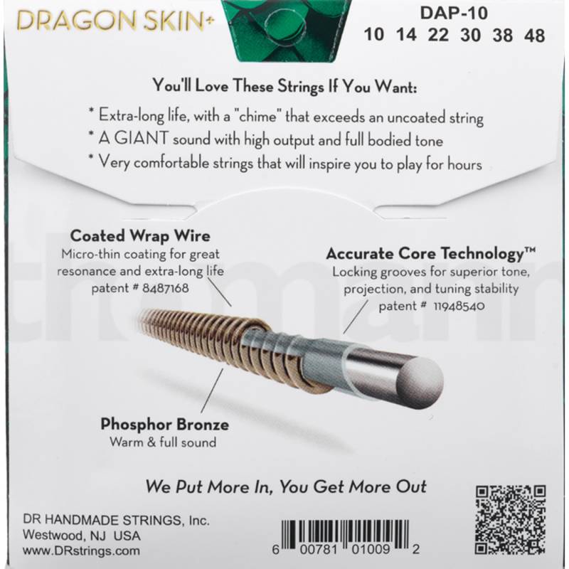 Струны для акустической гитары DR DAP-10 Dragon Skin Coated 10/48
