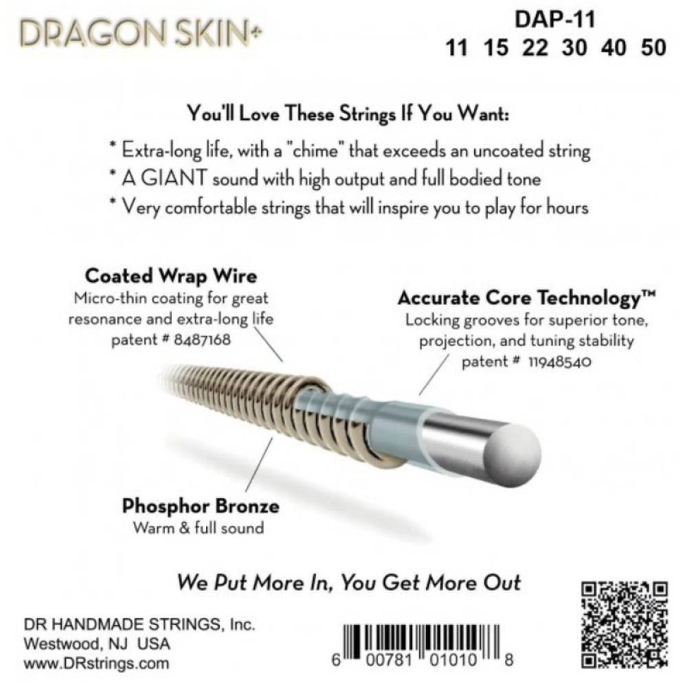 Струни для акустичної гітари DR DAP-11 Dragon Skin+ Acoustic Phosphor Bronze Custom Light 11/50