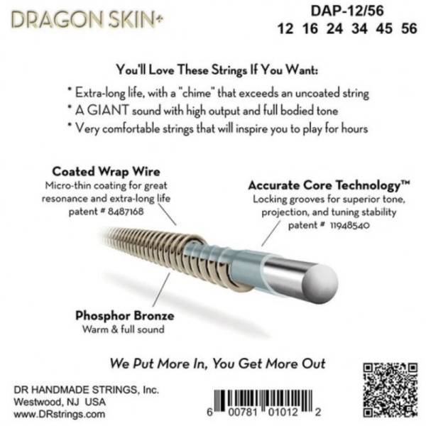 Струны для акустической гитары DR DAP-12/56 Dragon Skin+ Acoustic Phosphor Bronze Bluegrass 12/56
