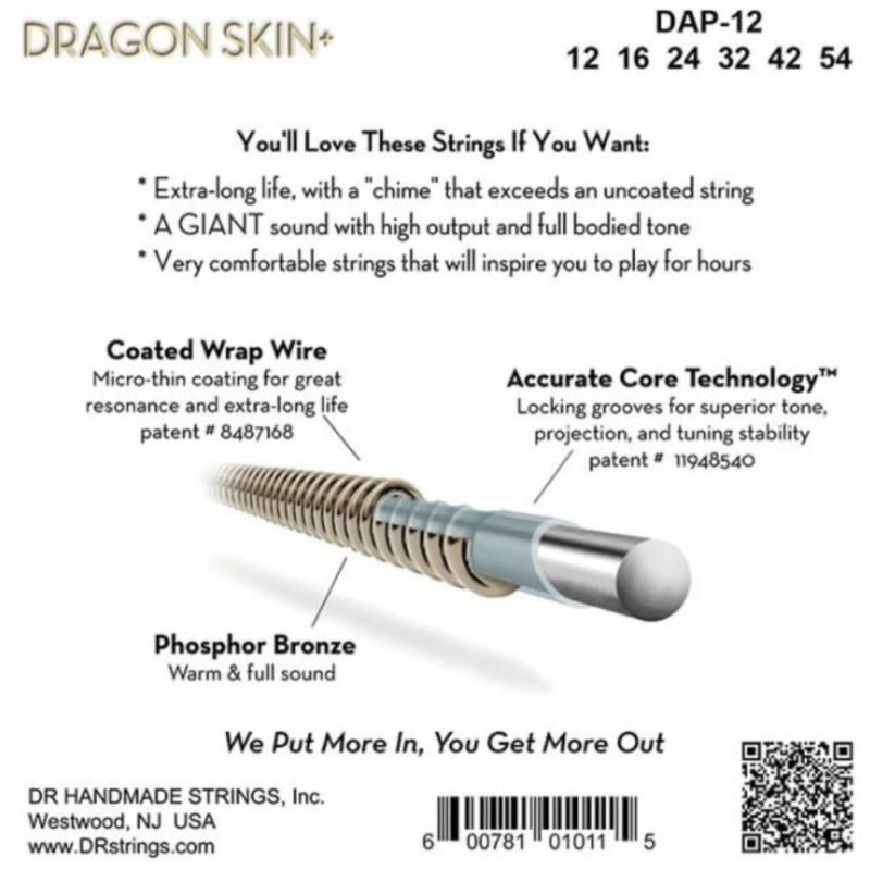 Струны для акустической гитары DR DAP-12 Dragon Skin+ Acoustic Phosphor Bronze Light 12/54