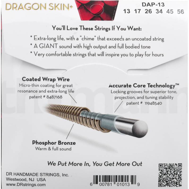 Струны для акустической гитары  DR DAP-13 Dragon Skin Coated 13/56
