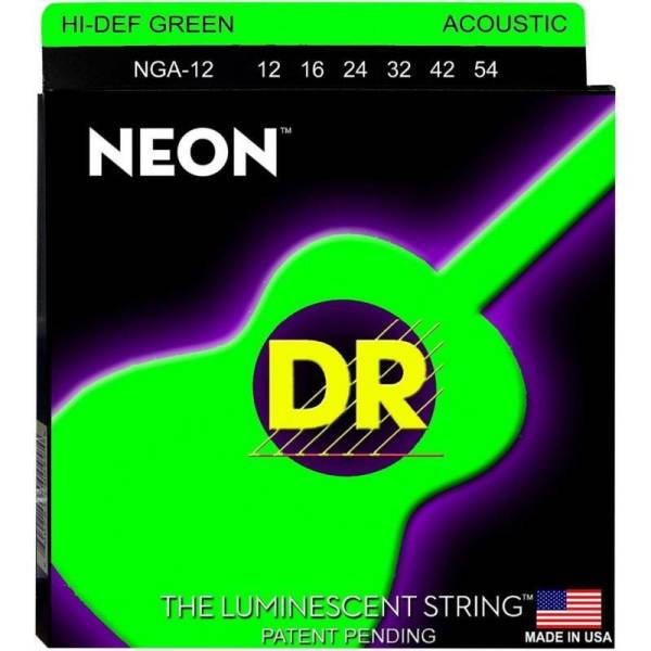 Струны для акустической гитары DR NGA-12 Hi-Def Neon Green K3 Coated Medium 12/54