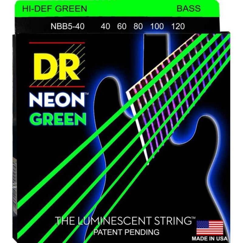 Струны для бас-гитары DR NGB5-40 Hi-Def Neon Green K3 Coated Light 5 Strings 40/120