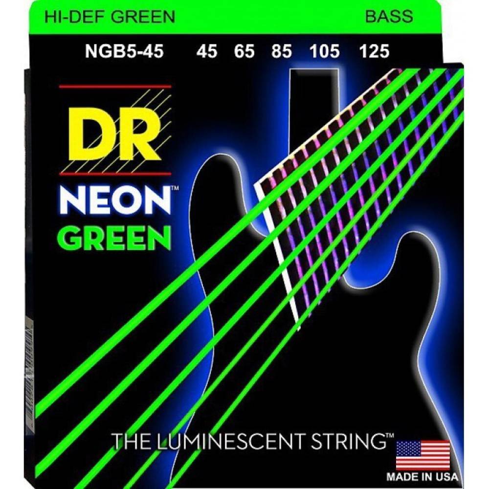 Струни для бас-гітари DR NGB5-45 Hi-Def Neon Green K3 Coated Medium 5 Strings 45/125