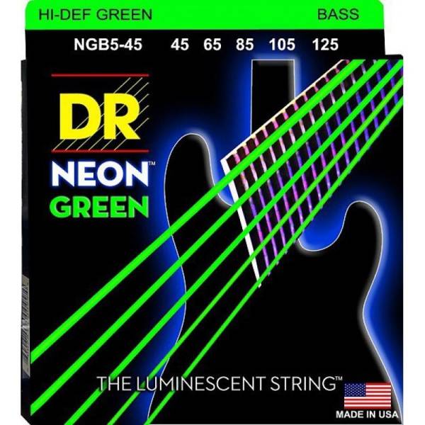 Струни для бас-гітари DR NGB5-45 Hi-Def Neon Green K3 Coated Medium 5 Strings 45/125
