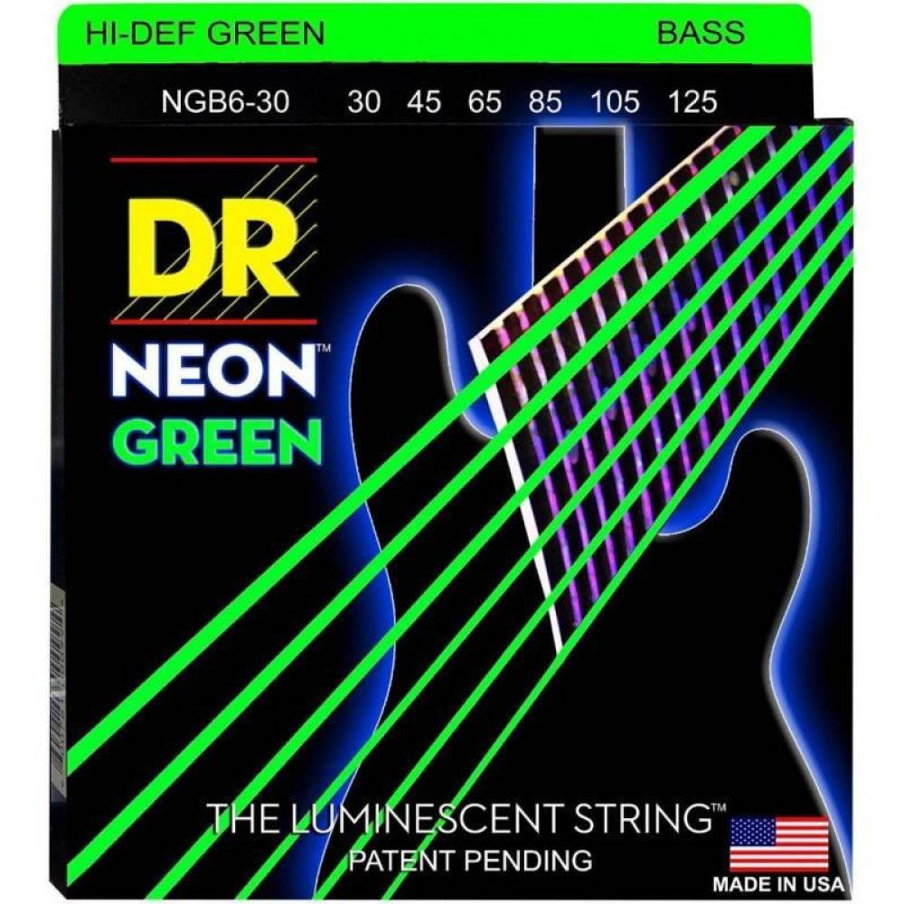 Струни для бас-гітари DR NGB6-30 Hi-Def Neon Green K3 Coated Medium 6 strings 30/125