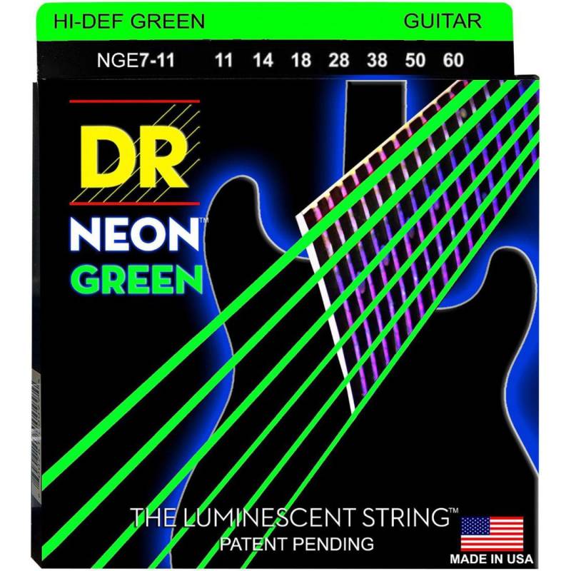 Струны для электрогитары DR NGE7-11 Hi-Def Neon Green K3 Coated Heavy 7-String 11/60