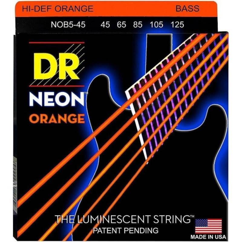 Струны для бас-гитары DR NOB5-45 Hi-Def Neon Orange K3 Coated Medium 5 Strings 45/125