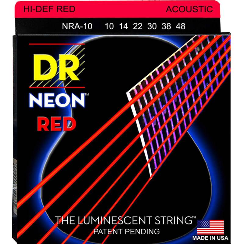 Струни для акустичної гітари DR NRA-10 Hi-Def Neon Red K3 Coated Extra Light 10/48