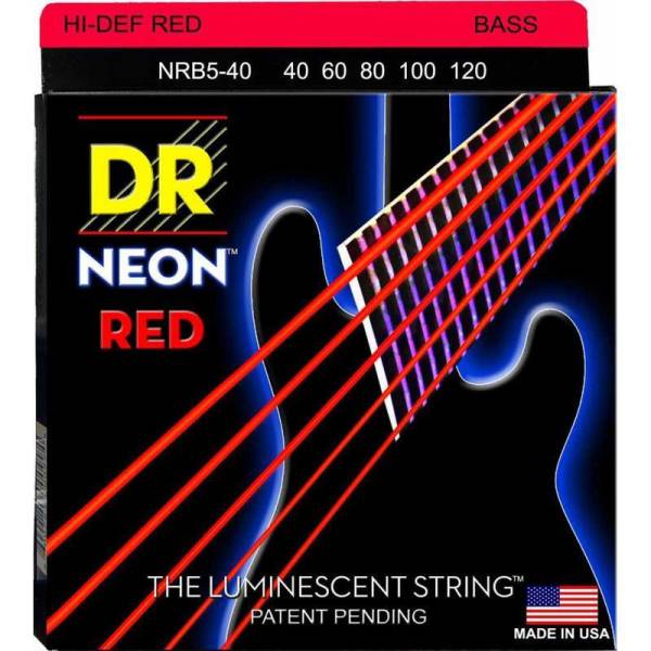 Струни для бас-гітари DR NRB5-40 Hi-Def Neon Red K3 Coated Light 5 Strings 40/120