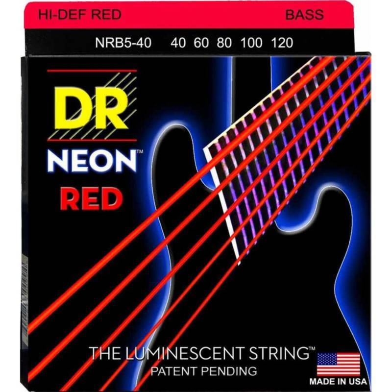 Струны для бас-гитары DR NRB5-40 Hi-Def Neon Red K3 Coated Light 5 Strings 40/120