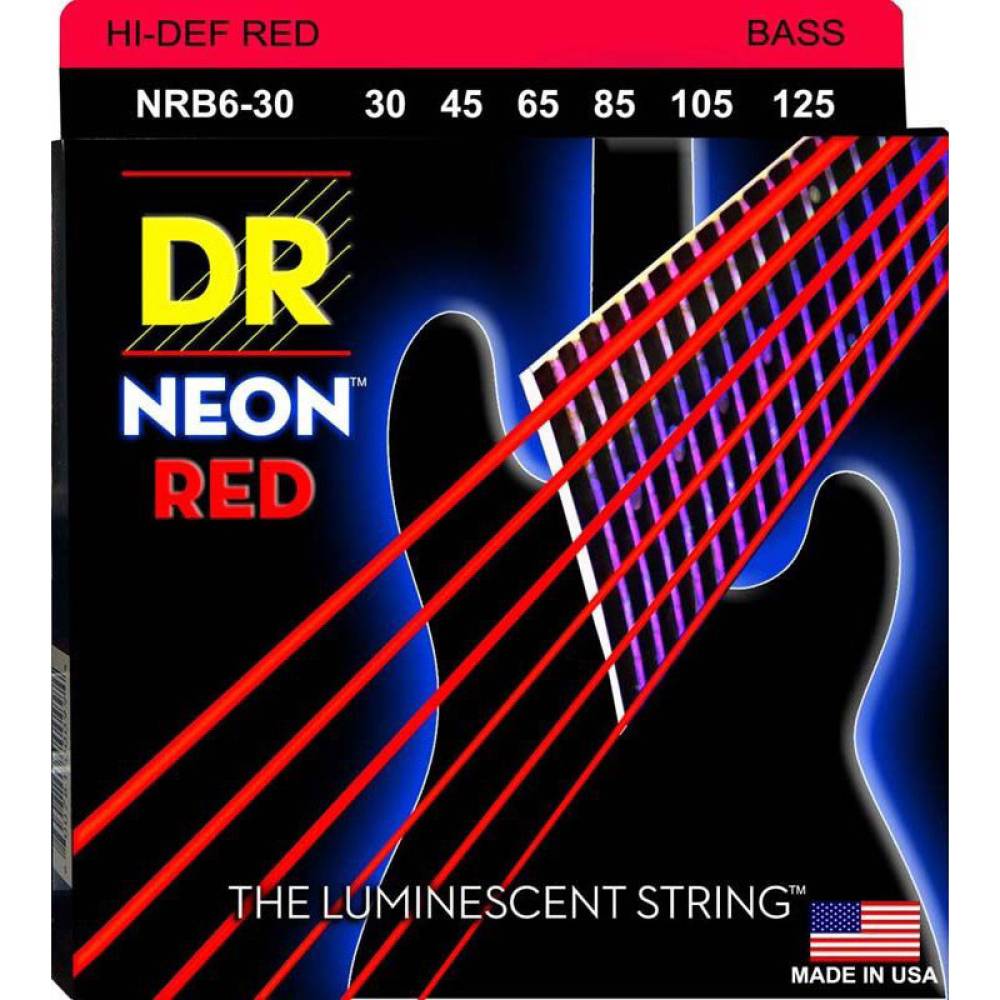 Струны для бас-гитары DR NRB6-30 Hi-Def Neon Red K3 Coated Medium 6 Strings 30/125