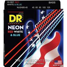 Струны для бас-гитары DR NUSAB5-45 Hi-Def Neon Red White & Blue K3 Coated Medium 5 Strings 45/125