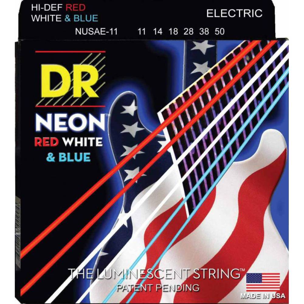 Струни для електрогітари DR NUSAE-11 Hi-Def Neon Red White & Blue K3 Coated Heavy 11/50