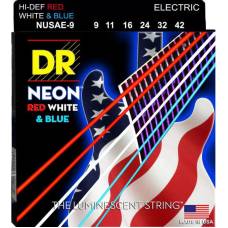 Струни для електрогітари DR NUSAE-9 Hi-Def Neon Red White & Blue K3 Coated Light 9/42