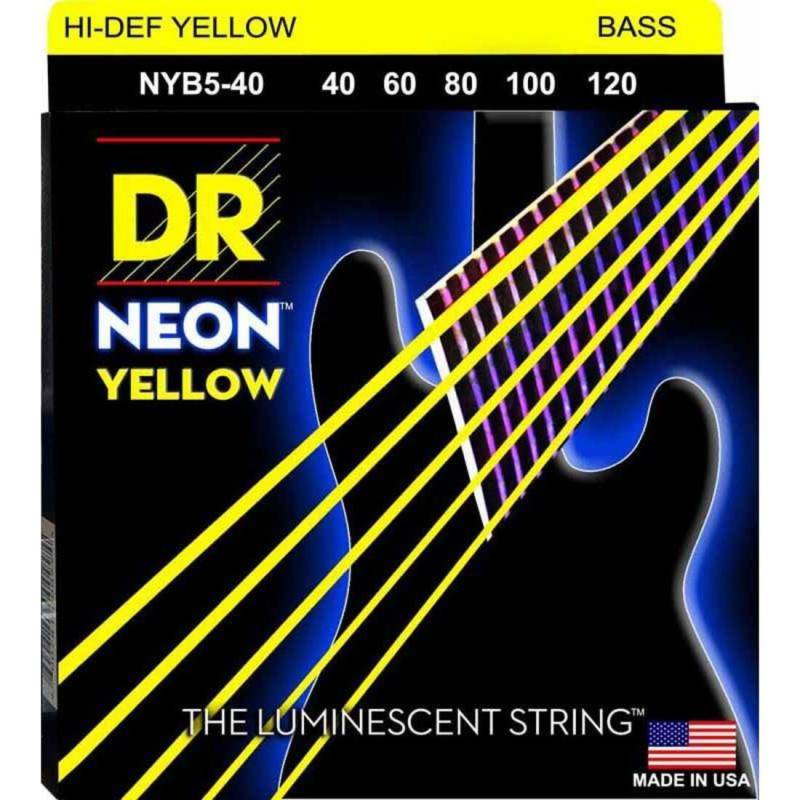 Струны для бас-гитары DR NYB5-40 Hi-Def Neon Yellow K3 Coated Light 5 Strings 40/120
