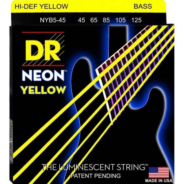 Струни для бас-гітари DR NYB5-45 Hi-Def Neon Yellow K3 Coated Medium 5-Strings 45/125