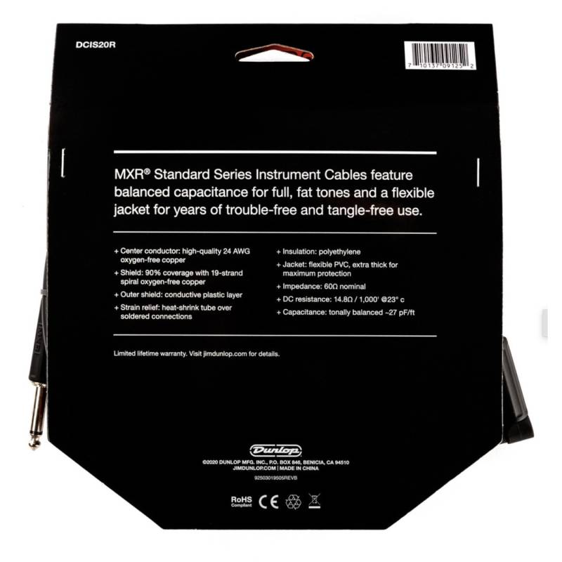 Кабель инструментальный Dunlop DCIS20R MXR Standard Instrument Cable 6.0m (20ft) (Straight/Right)