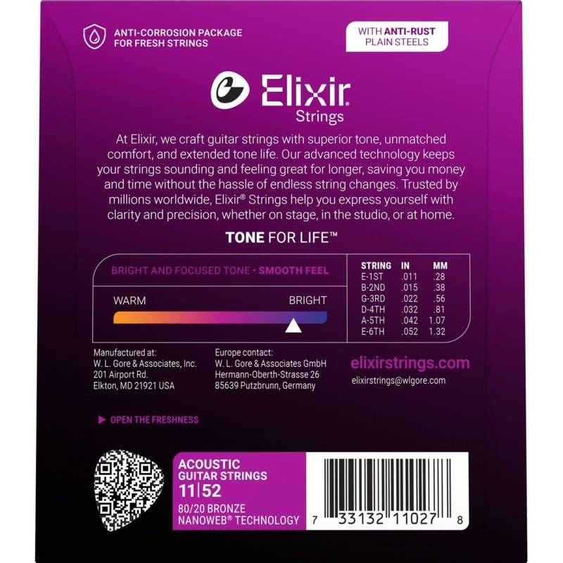 Струны для акустической гитары Elixir 11027 Nanoweb 80/20 Bronze Custom Light 11/52