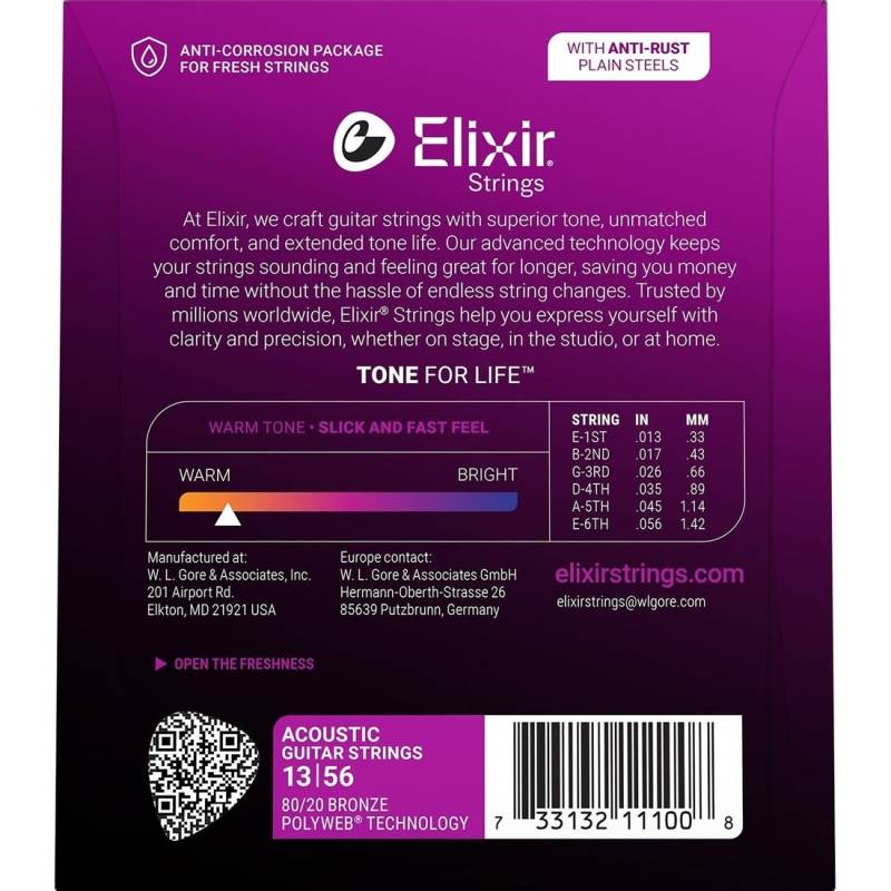 Струны для акустической гитары Elixir 11100 Polyweb 80/20 Bronze Medium 13/56