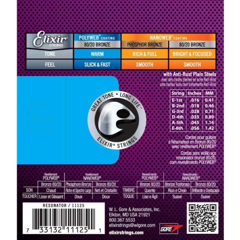 Струны для акустической гитары Elixir 11125 Polyweb 80/20 Bronze Resonator 16/56