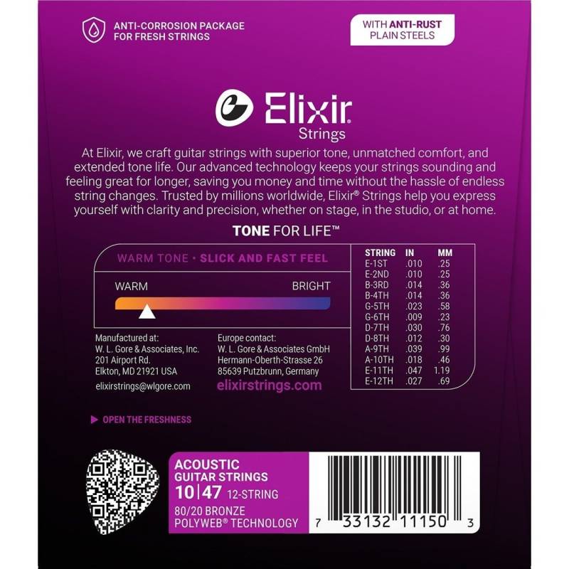 Струны для акустической гитары Elixir 11150 Polyweb 80/20 Bronze 12 Strings Light 10/47