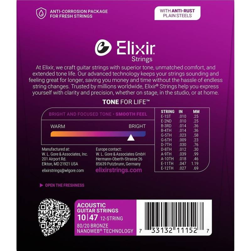 Струны для акустической гитары Elixir 11152 Nanoweb 80/20 Bronze 12 Strings Light 10/47