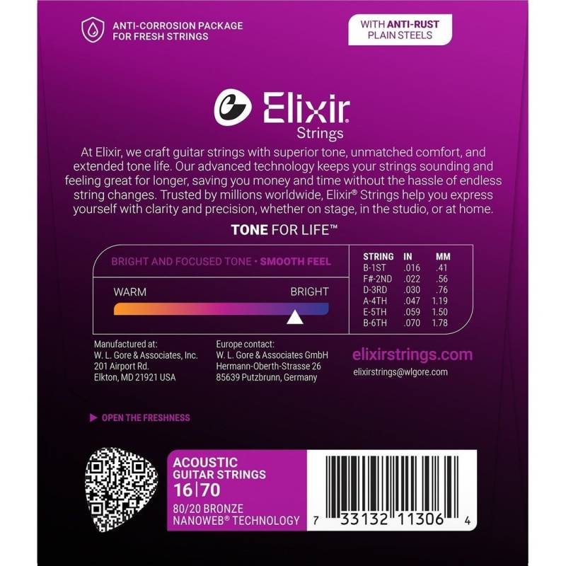 Струны для акустической гитары Elixir 11306 Nanoweb 80/20 Bronze Baritone 16/70