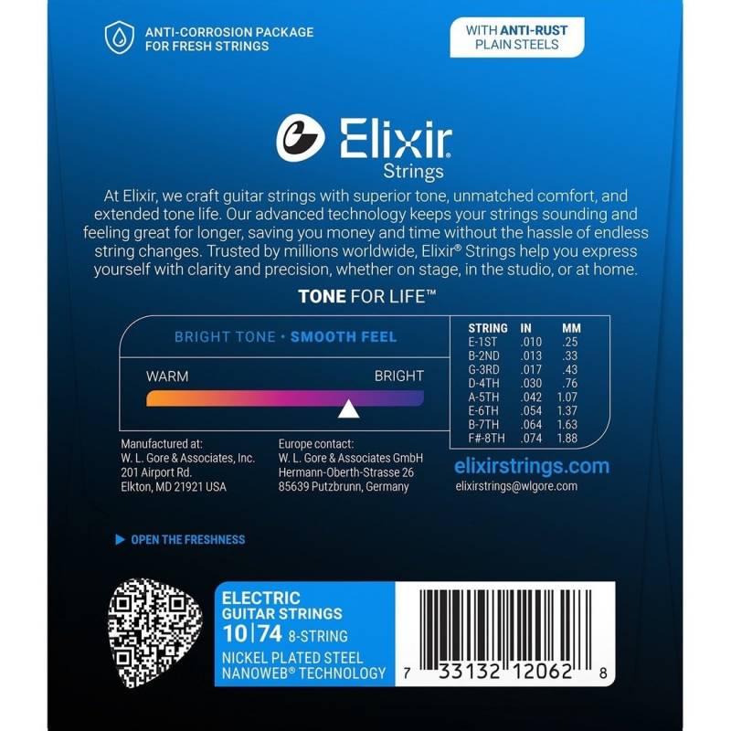Струны для электрогитары Elixir 12062 Nanoweb Nickel Plated Steel 8-String Light 10/74