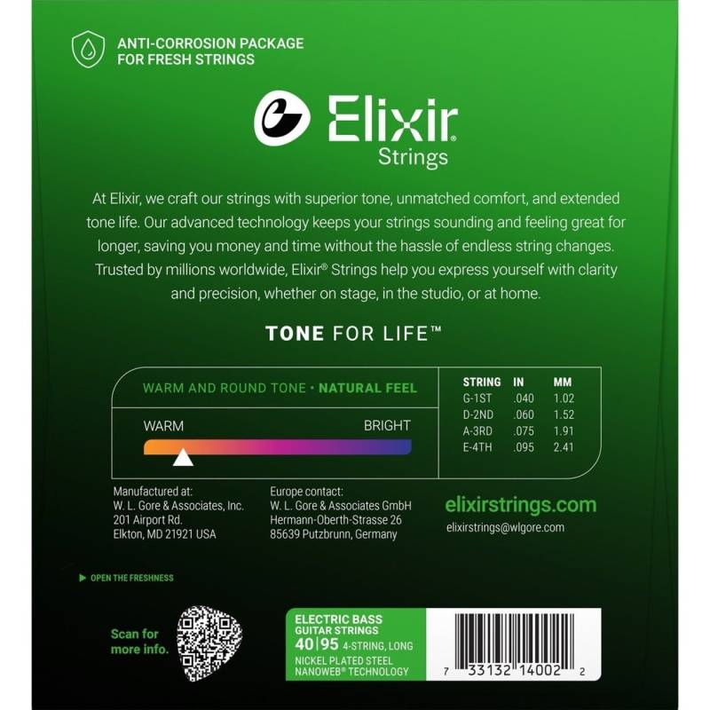 Струны для бас-гитары Elixir 14002 Nanoweb Coated Nickel Plated Steel Super Light 4-String 40/95