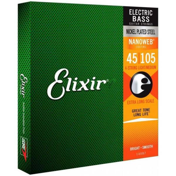 Струни для бас-гітари Elixir 14087 Nanoweb Coated Nickel Plated Steel Light/Medium Extra Long Scale 45/105