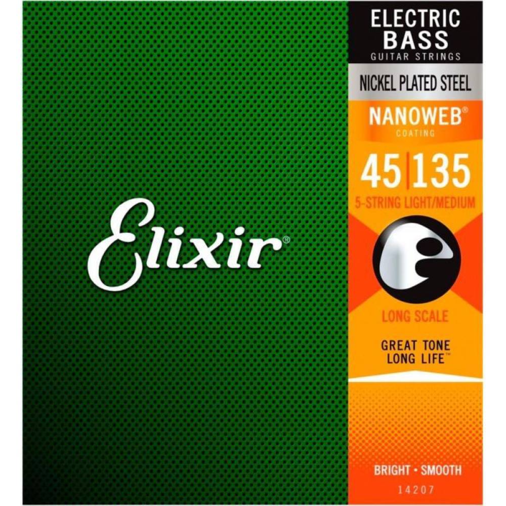 Струны для бас-гитары Elixir 14207 Nanoweb Coated Nickel Plated Steel Light/Medium 5-String 45/135