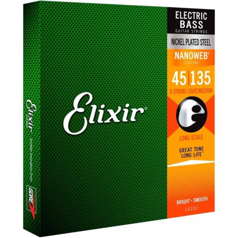 Струны для бас-гитары Elixir 14207 Nanoweb Coated Nickel Plated Steel Light/Medium 5-String 45/135
