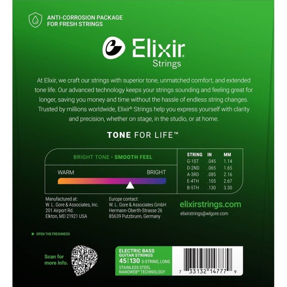 Струны для бас-гитары Elixir 14777 Nanoweb Coated Stainless Steel Light 5-Strings 45/130