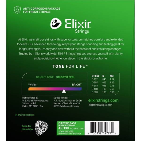 Струни для бас-гітари Elixir 14777 Nanoweb Coated Stainless Steel Light 5-Strings 45/130