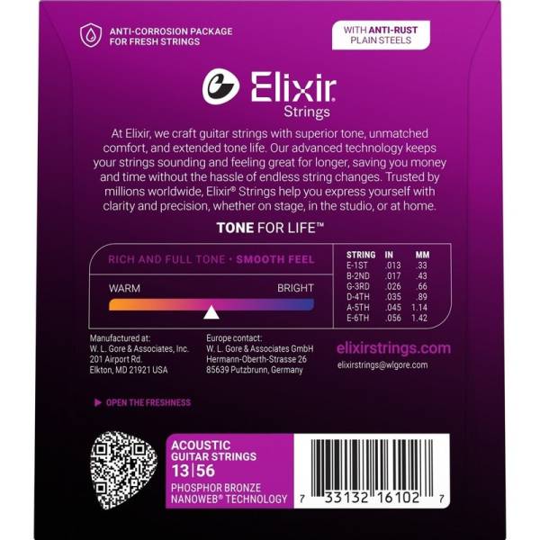 Струни для акустичної гітари Elixir 16102 Nanoweb Phosphor Bronze Medium 13/56