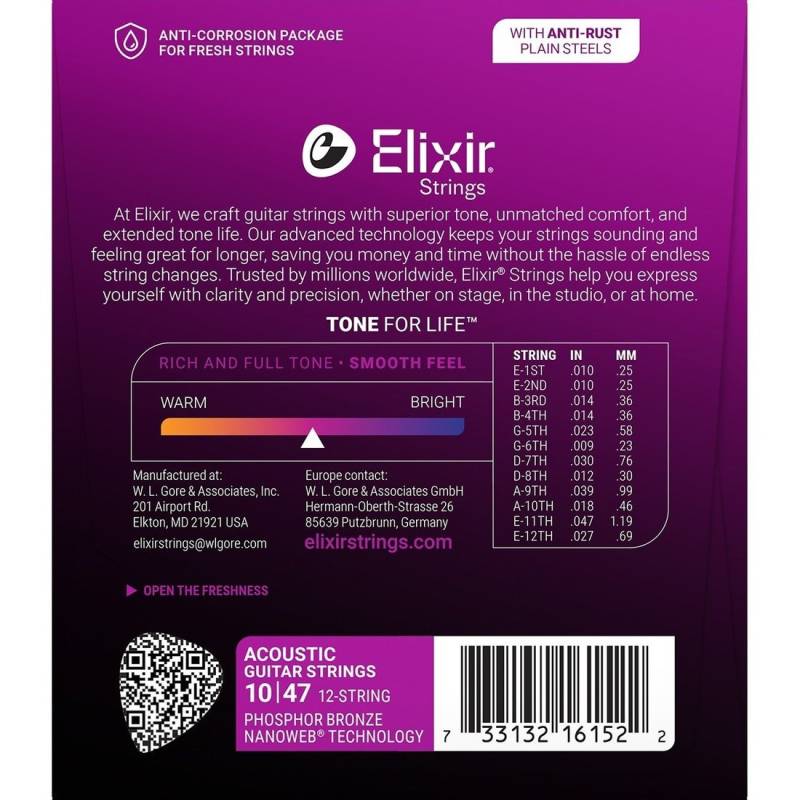 Струны для акустической гитары Elixir 16152 Nanoweb Phosphor Bronze 12 Strings Light 10/47
