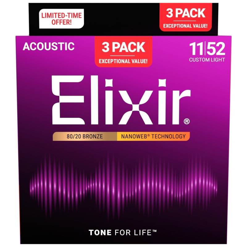 Струни для акустичної гітари Elixir 3 Pack 16538 Nanoweb 80/20 Bronze Custom Light 11/52