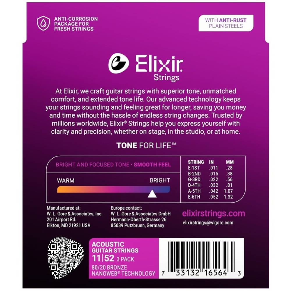 Струни для акустичної гітари Elixir 3 Pack 16538 Nanoweb 80/20 Bronze Custom Light 11/52