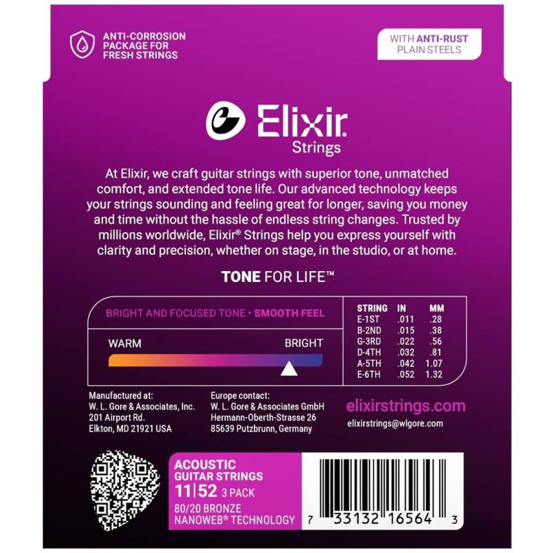 Струни для акустичної гітари Elixir 3 Pack 16538 Nanoweb 80/20 Bronze Custom Light 11/52